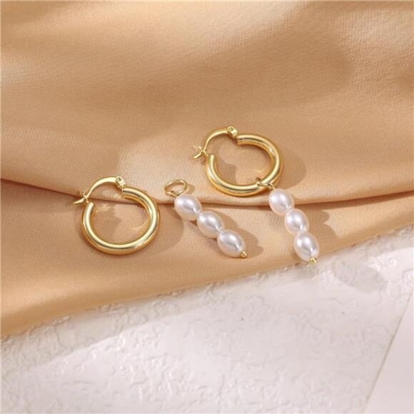 ✨ 14K Gold Twisted Rope Pearl Hoop Earrings | Elegant Huggie Dangle ✨ - Picture 5 of 6